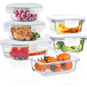 Voedselopslagcontainers met deksels, 6-pack luchtdichte glazen containers met deksels BPA-vrij voor voedsel en lekvrij, voedselopslagcontainers glas met deksels voor oven/vriezer, grijs