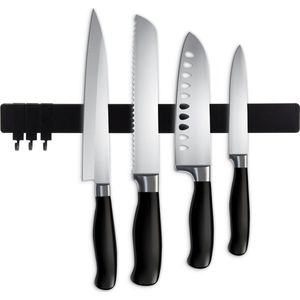 Quance Messenmagneet - Messenhouder - Zwart - Magnetisch - 3 Ophanghaakjes - RVS - 40 cm - Messenrek - Messen - Modern