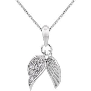 Zilveren ketting vrouw | Zilveren ketting met hanger, twee vleugels met Zirkonia stenen