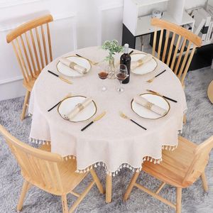 Beige Tafelkleed Rond 120 cm Wasbaar Linnen Katoenen Tafelkleed Kreukvrij Stofdicht met Kwastjes voor Keuken, Eettafel, Salontafel, Tuinmeubel.