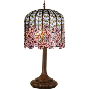 LumiLamp Tiffany Tafellamp Ø 40x84 cm Blauw Roze Glas Rechthoek Bloemen Tiffany Bureaulamp