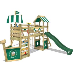 WICKEY speeltoestel klimtoestel StormFlyer met schommel & groene glijbaan, outdoor kinderklimtoren met zandbak, ladder & speelaccessoires voor de tuin