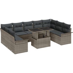 vidaXL - 10-delige - ligbed - set - met - kussens - in - grijs - poly - rattan