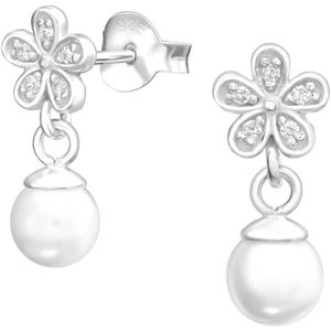 Oorbellen dames | Oorstekers | Zilveren oorstekers, bloemetje met hangende parel | WeLoveSilver