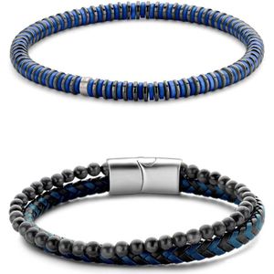 Frank 1967 7FR-SET036 Armbanden Set - 2 Armbanden - Cadeau voor hem - 21 cm - Fashion - Stoer - Leer - Blauw - Grijs - Zwart