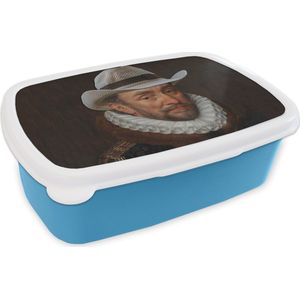 Broodtrommel Blauw - Lunchbox - Brooddoos - Willem van Oranje - Adriaen Thomasz - Cowboyhoed - 18x12x6 cm - Kinderen - Jongen