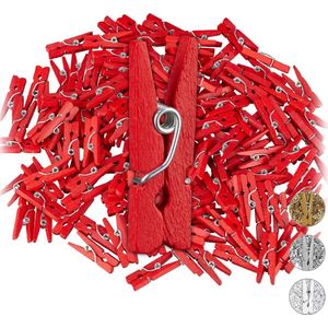 Relaxdays mini knijpers - set van 144 stuks - houten knijpers - knijpertjes - wasknijpers - rood