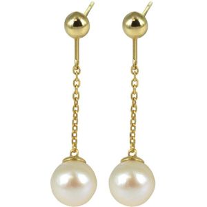 Silventi 9NBSAM-G190054 Gouden Oorbellen - Dames - Oorknopjes met Ketting - Parel - 5,3 mm Doorsnee - 22 mm Lengte - 14 Karaat - Goud