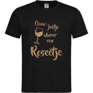 T-shirt Unisex Volwassenen Lol - carnaval - kermis - feestje - Wijn - Rose - grappig Tekst ""Oow jeetje alweer een roseetje"" Op Voorkant | korte mouw | Zwart/Goud GLITTER | maat L