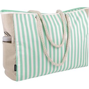 Strandtas voor dames XXL familie badtas met ritssluiting - zanddicht canvas reizen strandtas - gestreept groen - XX-Large beach bag