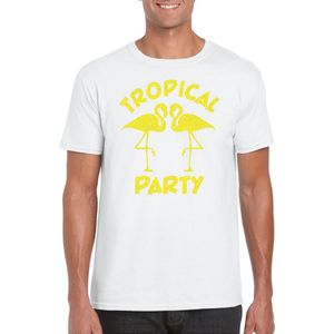 Bellatio Decorations Tropical party T-shirt heren - met glitters - wit/geel - carnaval/themafeest M