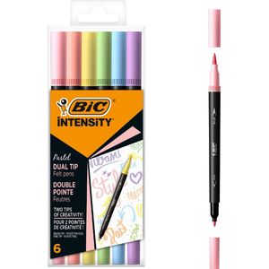 BIC Intensity Dual Tip Marker Pastel - Kleurstift met 2 verschillende punten - 6 stuks - Pastelkleur - Viltstit met penseelpunt en fijne punt (0.7 mm)