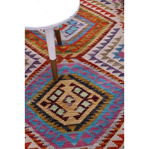 Kleurrijk Tapijt Laagpolig Handgeweven Wollen Vloerkleed - Koho Afghan Kelim 149x105 - 149x105cm- Modern - Woonkamer - Salon - Slaapkamer - Eetkamer