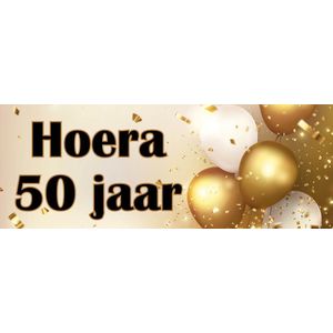 Spandoek Hoera 50 jaar - Gouden Ballonnen - Goud thema - Abraham - Sarah - 150 x 50 cm - met ringen - Banier- PVC - Banner - Verjaardag - indoor en outdoor – Geveldoek