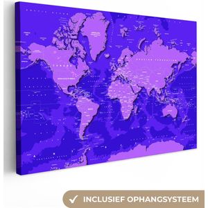Canvas Wereldkaart - 30x20 - Wanddecoratie Wereldkaart - Stoer - Paars