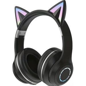 Kinder Hoofdtelefoon-Draadloze Koptelefoon-Kinder Headset-Over Ear-Bluetooth-Microfoon-Katten Oortjes-Led Verlichting-Zwart