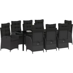 vidaXL - 9-delige - Tuin - Eetset - met - Kussens - Zwart - Poly - Riet