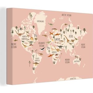 Canvas Wereldkaart - 60x40 - Wanddecoratie Wereldkaart - Kinderkamer - Dino's - Meisjes - Kinderen - Roze