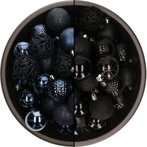 Bellatio Decorations Kerstballen mix - 74-delig - zwart en donkerblauw - 6 cm - kunststof
