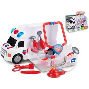 Ziekenwagen en Dokterskoffer 2 in 1 - Tachan - Speelgoedauto met Doktersspullen - Speelgoed Ambulance met Licht en Geluid - 10-Delig - Inclusief Batterijen