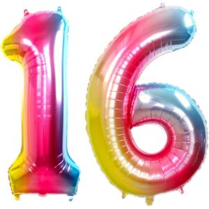 Ballon Cijfer 16 Jaar Regenboog Verjaardag Versiering Cijfer Helium Ballonnen Regenboog Feest Versiering 36 Cm Met Rietje