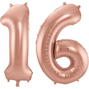 Folie ballon cijfer 16 jaar – 80 cm hoog – Rose goud – Sweet Sixteen - met gratis rietje - Feestversiering