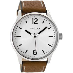 OOZOO Timepieces - Zilverkleurige horloge met cognac leren band - C9045