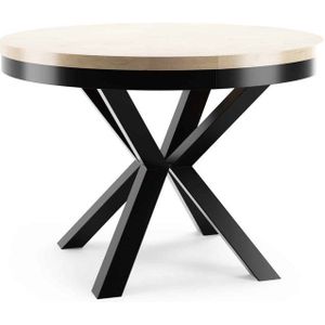 Ronde Uitschuifbare Eettafel – Ø100-176 cm – Hout & Metaal – Industriële Eettafel 8-10 Personen – Eikenlook – Ronde Eettafel Uitschuifbaar – Design Tafel voor Woonkamer & Eetkamer – Luxe & Stevig