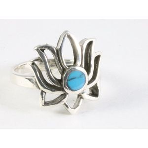 Opengewerkte zilveren lotus bloem ring met blauwe turkoois - maat 16