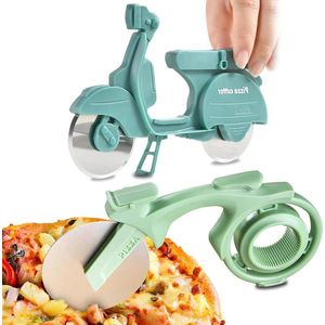 Motorcycle Pizza Cutter Set - 2 Pieces with Double Sharp Cutting Wheel and Stand - Stainless Steel and Plastic - Funny Design
