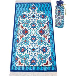 Gebedskleed Islam - Verheven Sereniteit: Zijdeachtig Moslim Gebedskleed met Elegant Design | Draagbare Islamitische Gebedsmat | Perfect Ramadan en Eid Geschenk | Gebedstapijt Mat met Handige Reistas in Blauw