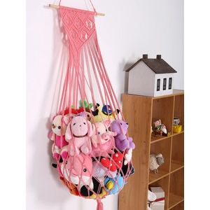 Macramé knuffeldier, nethangmat, kleine pluche dieren, grote hoekwandhang-organizer voor kinderen, Boheems geweven decoratief display, knuffeldieren, net, roze