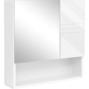 Spiegelkast, wandkast, badkamerkast met in hoogte verstelbare planken, deur en bovenplaat met hoogglans oppervlak, badkamer, 54 x 15 x 55 cm, wit