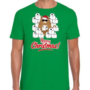 Fout Kerstshirt / Kerst t-shirt met hamsterende kat Merry Christmas groen voor heren- Kerstkleding / Christmas outfit XL