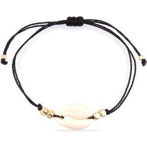 24/7 Jewelry Collection Schelpjes Armband - Schelp - Schelpen - Zwart Touw - Goudkleurige Kralen - Witte Schelp