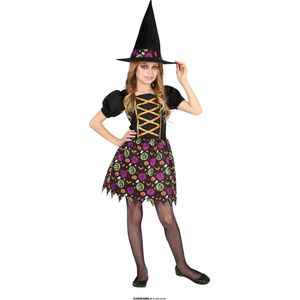Guirca - Heks & Spider Lady & Voodoo & Duistere Religie Kostuum - Heks Toverketel Tina - Meisje - Oranje, Zwart - 10 - 12 jaar - Halloween - Verkleedkleding