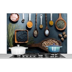 Spatscherm keuken 120x80 cm - Kookplaat achterwand Kruiden - Lepels - Specerijen - Keuken - Muurbeschermer - Spatwand fornuis - Hoogwaardig aluminium