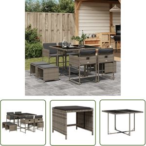 The Living Store 9-delige Tuinset met kussens poly rattan grijs - Tuinmeubel - Bistroset - Buitentafel - Lounge Set - Eetkamerset