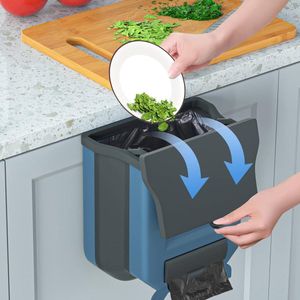 Opvouwbare hangende vuilnisbak met deksel, keuken, camping, 2,4 gallon, opvouwbare vuilnisbak, keuken, vuilnisbak, hangend, voor keuken/camping/auto/badkamer/kantoor/slaapkamer (blauw)