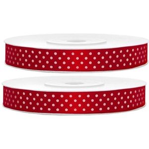 2x Hobby/decoratie rode satijnen sierlinten met witte stippen1,2 cm/12 mm x 25 meter - Cadeaulinten satijnlinten/ribbons - Rode linten met witte stippen- Hobbymateriaal benodigdheden - Verpakkingsmaterialen
