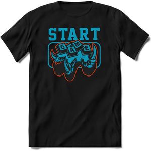 Start the game | Gaming kado T-Shirt heren - dames | Blauw-Oranje | Perfect game pc cadeau shirt | Grappige console spreuken - zinnen - teksten Maat XXL