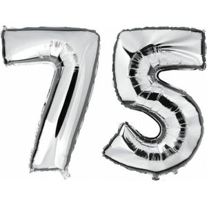 75 jaar zilveren folie ballonnen 88 cm leeftijd/cijfer - Leeftijdsartikelen 75e verjaardag versiering - Heliumballonnen