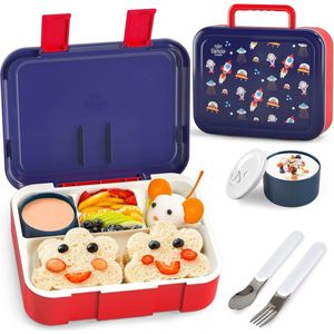 Bento Lunchbox, Bento Box met Bestek, Lunchbox Kids met Vakjes, Draagbare Snack Box voor Meisjes Jongens Kinderopvang, Kleuterschool