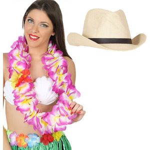 Toppers - Carnaval verkleedset - Tropical Hawaii party - stro cowboy hoed - en volle bloemenslinger paars - voor volwassenen
