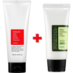 COSRX Skin Set: Salicylic Acid Daily Gentle Cleanser 150ml & Aloe Soothing Sun Cream | SPF50+ PA+++ 50 ml Wash & Care - Sunscreen Zonnebrand - Skin Protection Set - Dagelijkse Bescherming - Gezichtsreiniging Onzuiverheden - K Beauty Korean Skincare