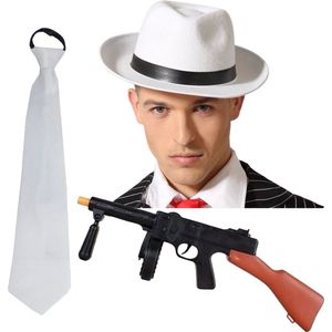 Gangster/maffia/roaring Twenties verkleed set - gleufhoed wit - stropdas en machinegeweer
