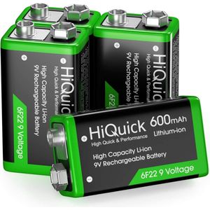 HiQuick 4x Oplaadbare 9 Volt 600 mAH Batterijen - Duurzame Oplaadbare Batterijen