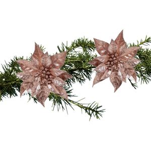 Kerstboom bloemen op clip -2x stuks -oudroze glitter- kunststof -18 cm