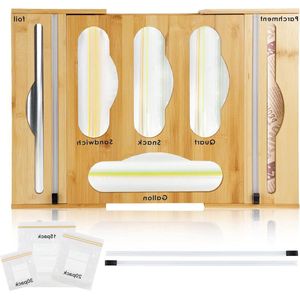 6-in-1 foliedispenser vershoudfolie afroller bamboe foliesnijder plastic verpakkingsverdeler-opbergdoos met snijders