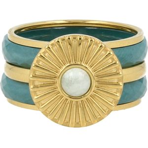 My Bendel - Gouden ringenset met zonnetje en Amazonite edelsteen - Vrolijke gouden ringenset met een zonnetje en keramieken ringen - Met luxe cadeauverpakking